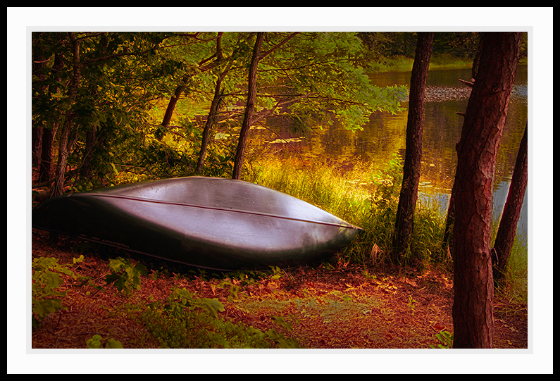 Old canoe on shores of a lake during summer.